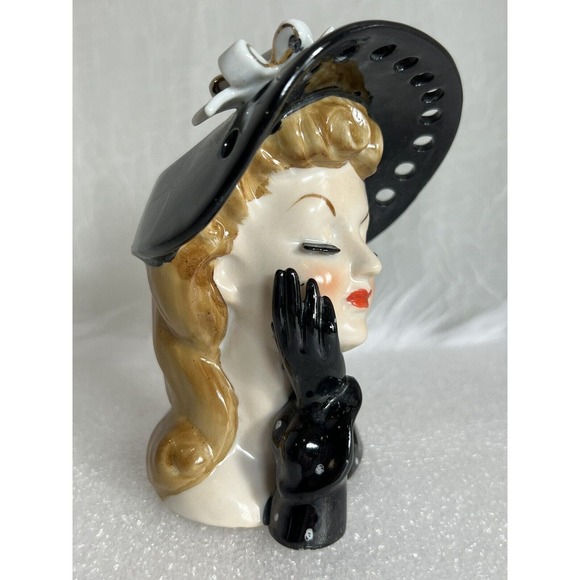 VINTAGE Napco S569A Lady Head Vase In Black With Polka Dots - Picture 8 of 9